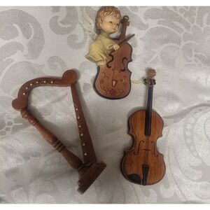 Lot of 3 Vintage Wooden String Musical Instrument Christmas Ornaments